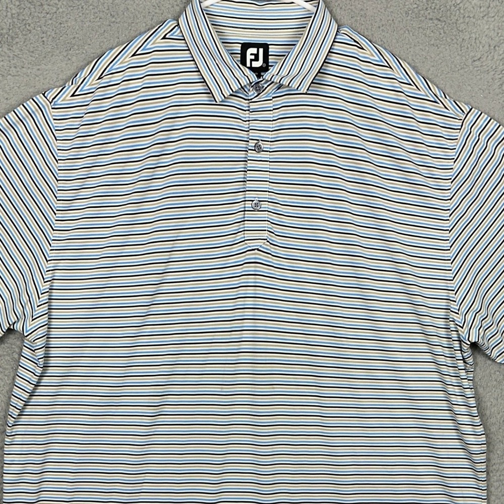 FootJoy FJ Polo Shirt Mens 2XL Blue Tan Golf Stripes Performance Stretch Rugby